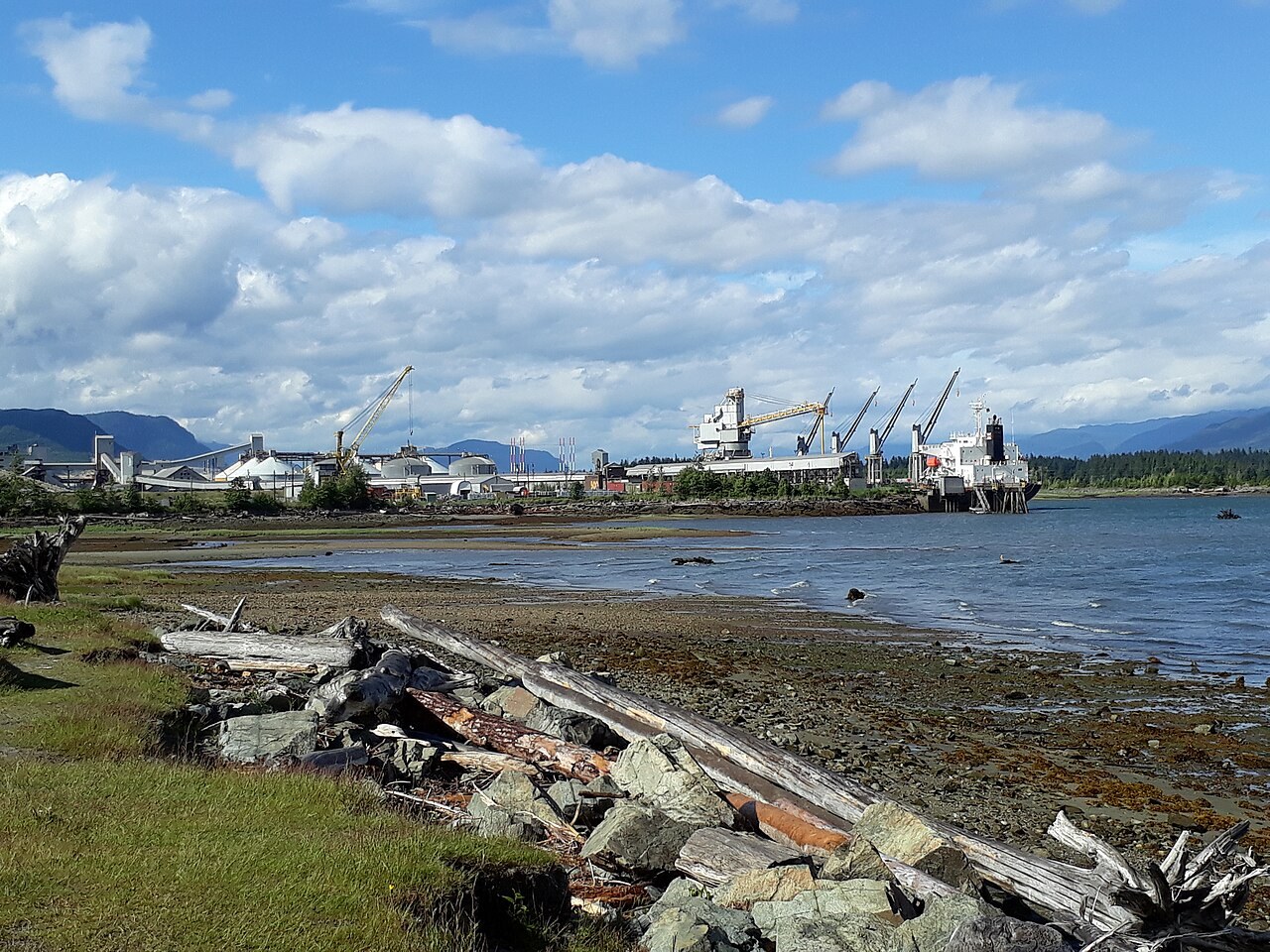 Industrial buildings and cranes across a bay, with a driftwood beach in front
