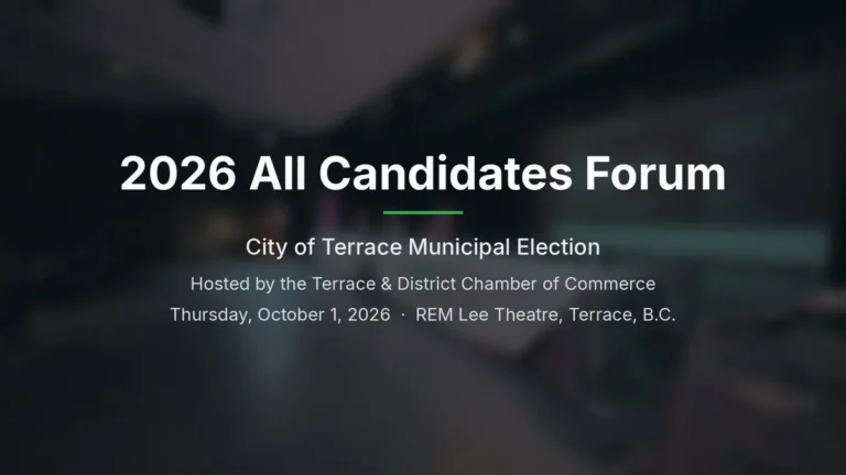 Title card: 2026 All Candidates Forum, City of Terrace Municipal Election, hosted by the Terrace & District Chamber of Commerce, Thursday, October 1, 2026, REM Lee Theatre, Terrace, B.C.