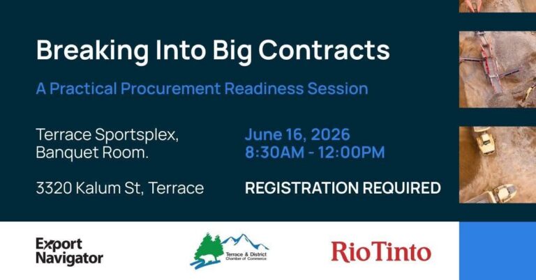 Event graphic: Breaking Into Big Contracts, a practical procurement readiness session, with Export Navigator, Chamber and Rio Tinto logos.