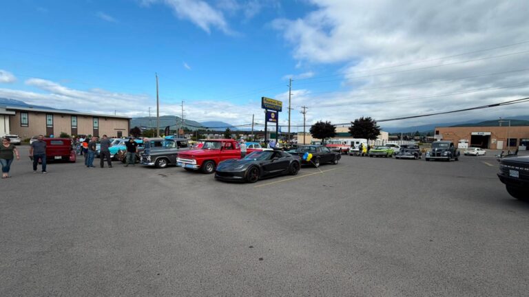 Classic cars lined up in the parking lot.