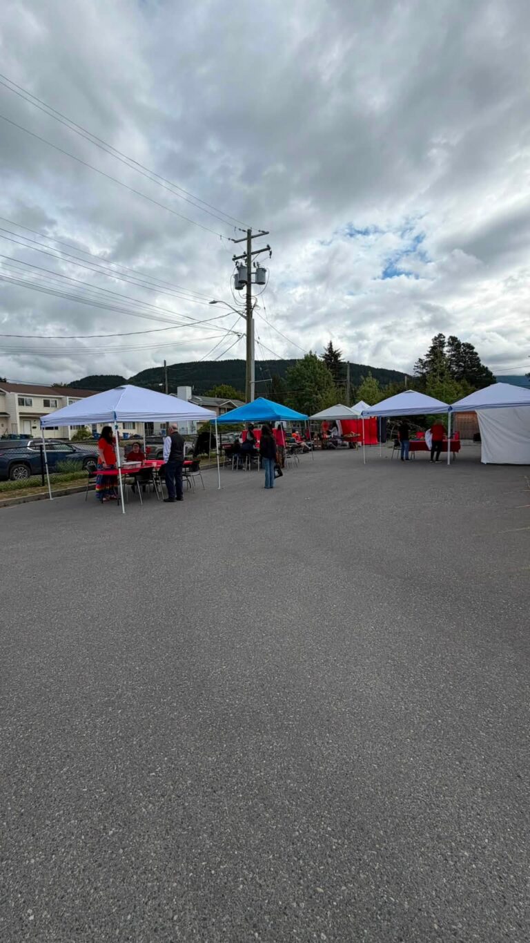 Tents and guests at the far end of the event area under a cloudy sky.
