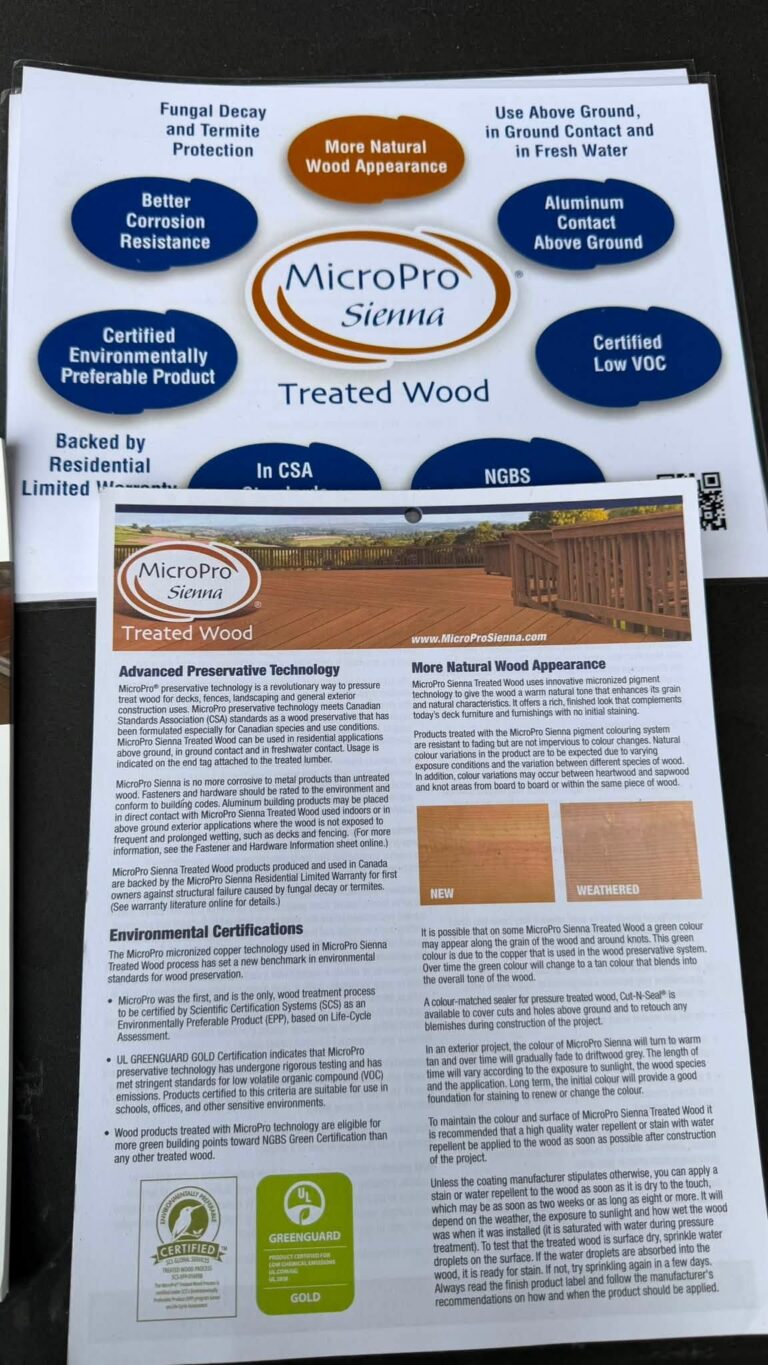 MicroPro Sienna treated wood product sheets.
