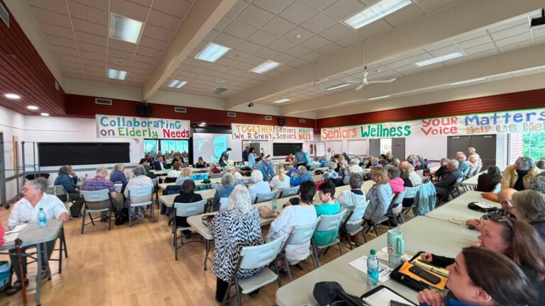 Attendees at long tables under banners about seniors’ wellness.