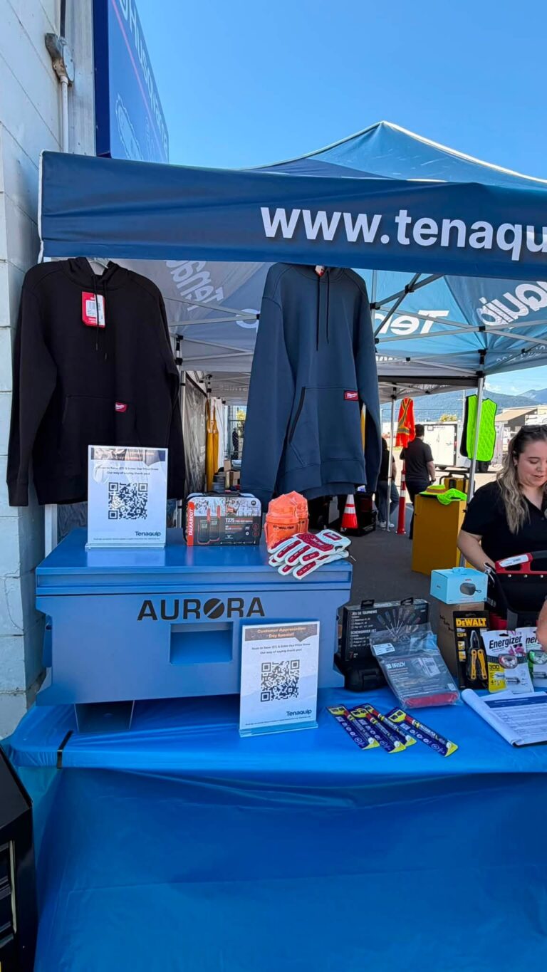 Aurora Tools display table with work jackets and product brochures.