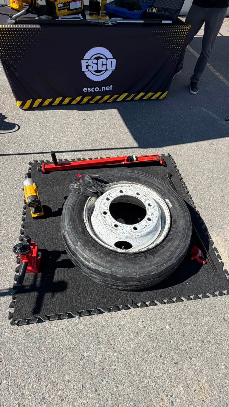 Wheel and tire tools on a demo mat in front of an ESCO table.